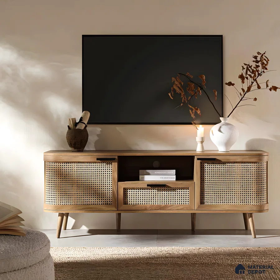 Mid-Century Modern TV Stand with Rattan Accents | Material Depot