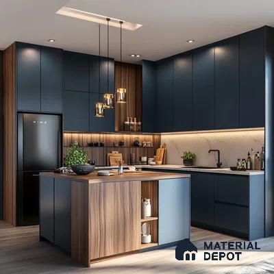 Midnight Blue Elegance: Modern Kitchen Design with Chic Wood Accents and Stylish Functionality | Material Depot