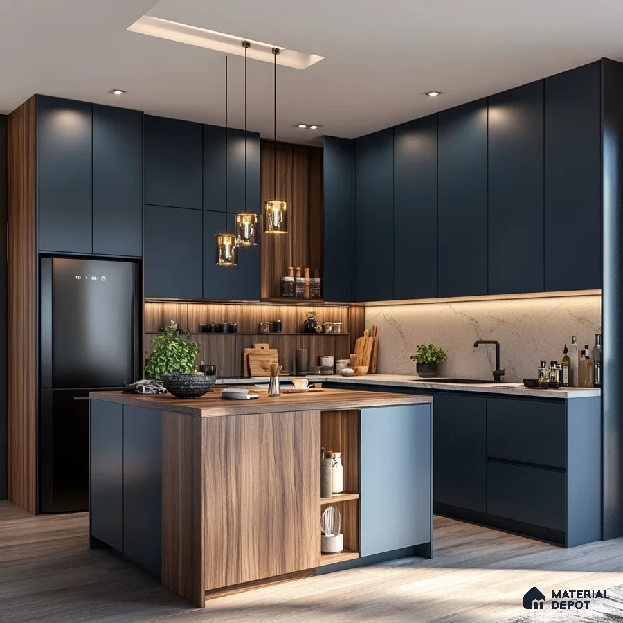 Midnight Blue Elegance: Modern Kitchen Design with Chic Wood Accents and Stylish Functionality | Material Depot