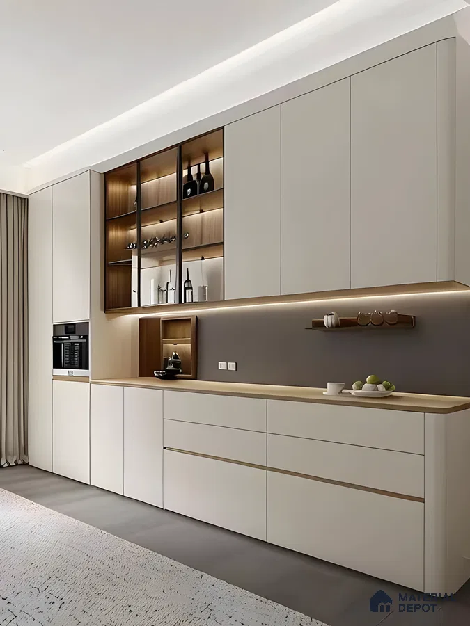 Minimal Beige Kitchen With Soft Wood Accents And Open Shelving | Material Depot