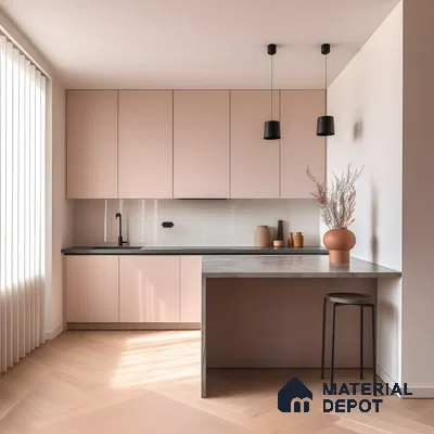 Minimal Blush Pink Kitchen With Monochrome Accents And Warm Wooden Flooring | Material Depot