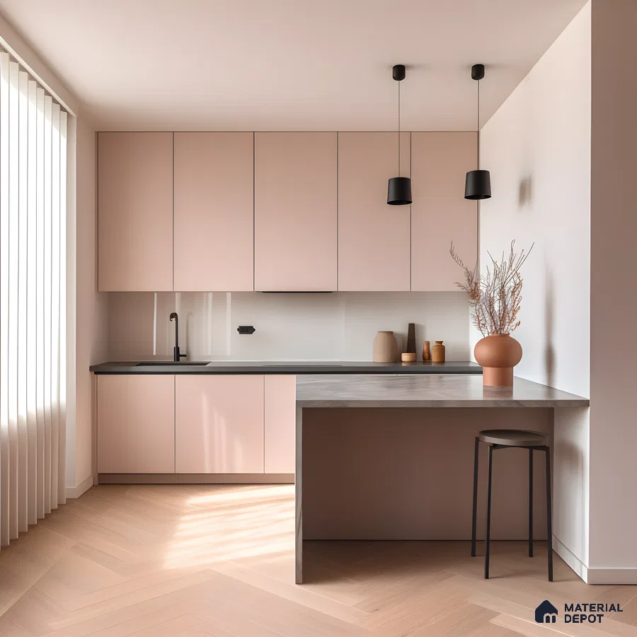 Minimal Blush Pink Kitchen With Monochrome Accents And Warm Wooden Flooring | Material Depot