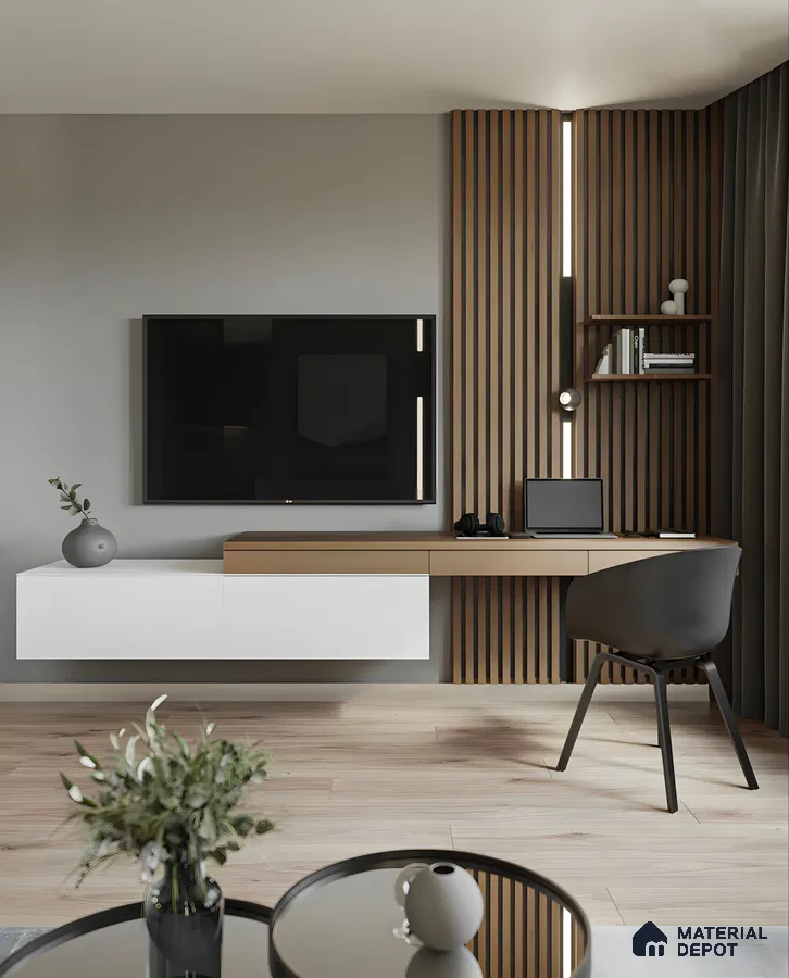 Minimal Home Office with Wood-Paneled Accent Wall | Material Depot