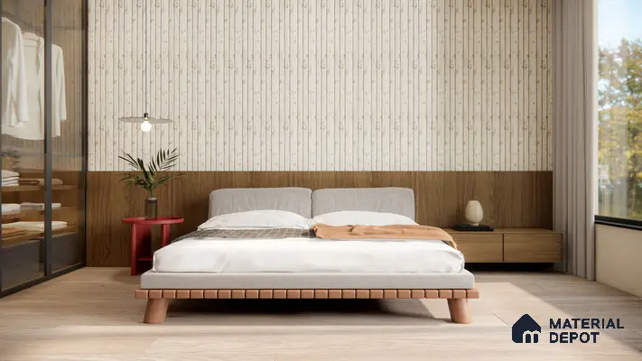 Minimal Japandi Bedroom with Wooden Wall Panel and Subtle Floral Wallpaper | Material Depot