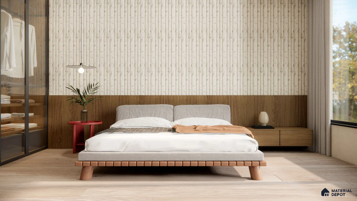 Minimal Japandi Bedroom with Wooden Wall Panel and Subtle Floral Wallpaper | Material Depot