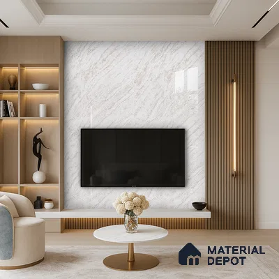 Elegant Living Room with Light Marble-Look Laminate TV Wall and Gold Accents | Material Depot