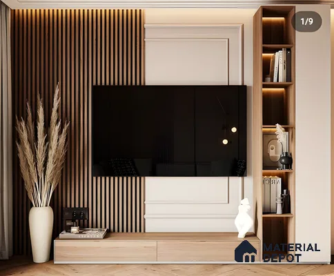 Minimal TV Unit with Wood-Paneled Accent Wall and Built-in Shelving | Material Depot