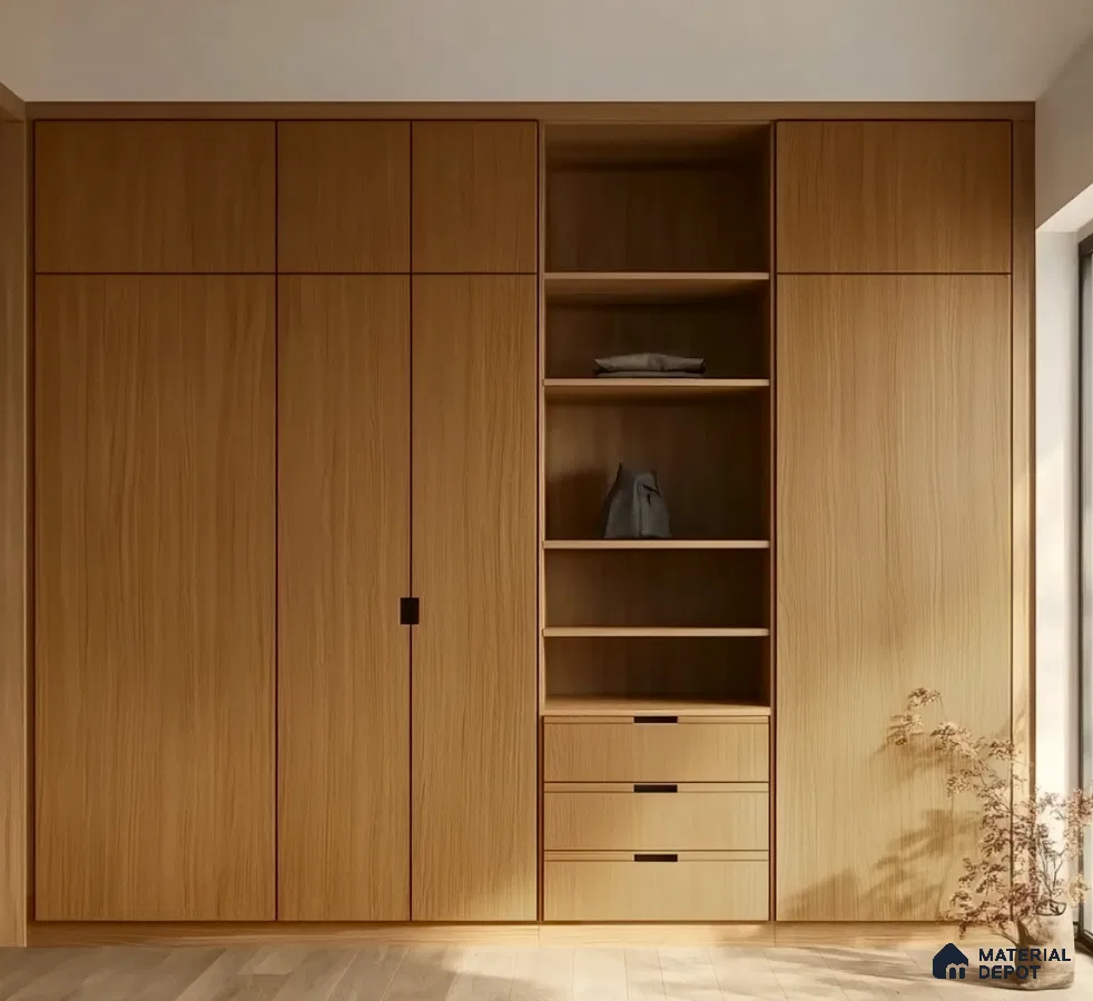 Minimal Oak Wooden Laminate Wardrobe for Modern Bedroom Interiors | Material Depot