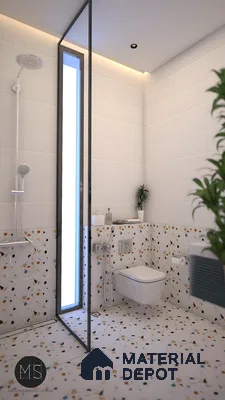 Minimal Terrazzo Bathroom With Soft Lighting And Vertical Layout | Material Depot