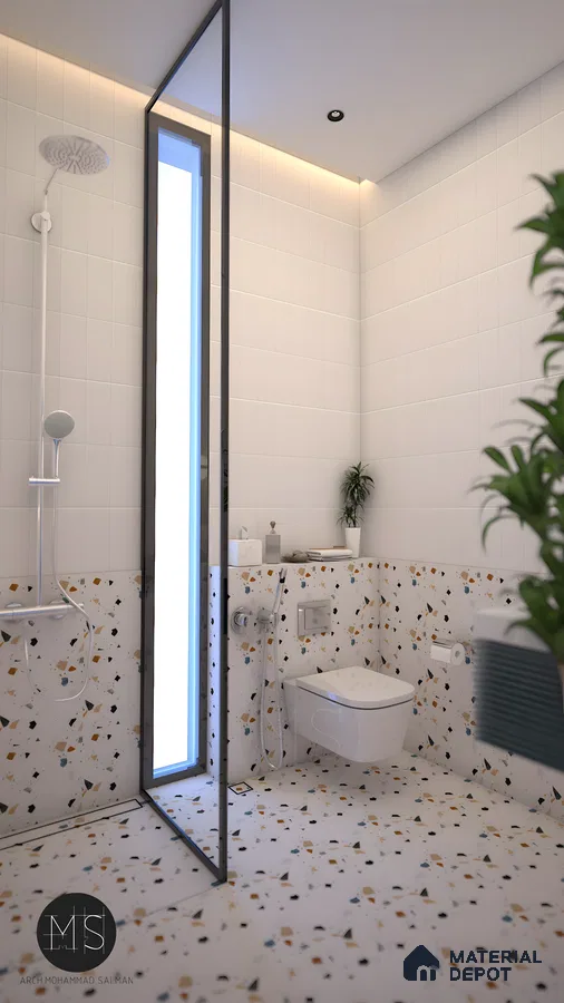 Minimal Terrazzo Bathroom With Soft Lighting And Vertical Layout | Material Depot