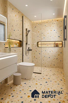 Minimal Terrazzo Bathroom with Warm Lighting, Floating Vanity & Glass Shower Partition | Material Depot