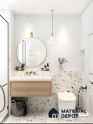 Minimal Terrazzo Bathroom With Warm Wood Vanity And Round Mirror | Material Depot