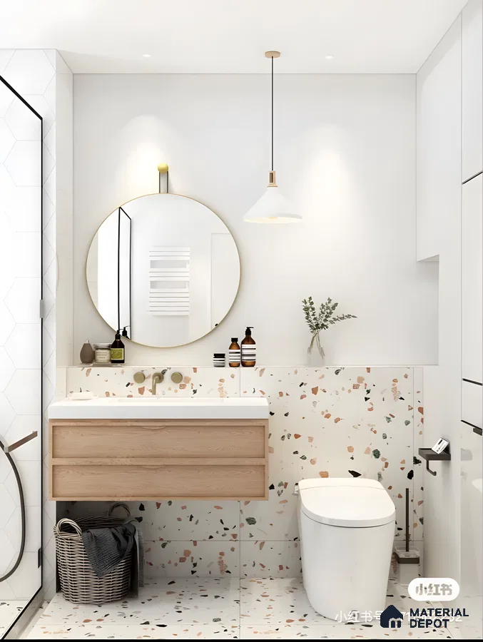 Minimal Terrazzo Bathroom With Warm Wood Vanity And Round Mirror | Material Depot