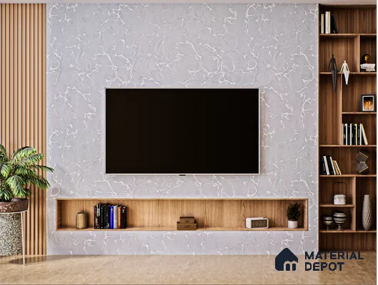 Minimal TV Unit With Light Grey Marble Laminate For Living Room | Material Depot