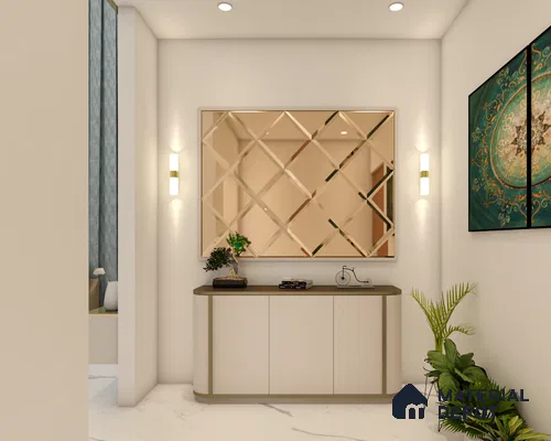 Foyer with beige laminate cabinet and mirror panel
