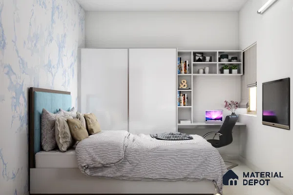 Kids' room with white laminate wardrobe and white tile flooring