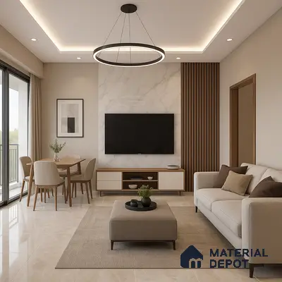 Minimalist 2 BHK Living Room design with Marble TV Panel and Wooden Highlights in society name, whitefield | Material Depot