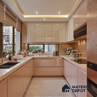 Minimalist and Functional Kitchen in Blush with Sparkle Backsplash and Seamless Cabinets | Material Depot