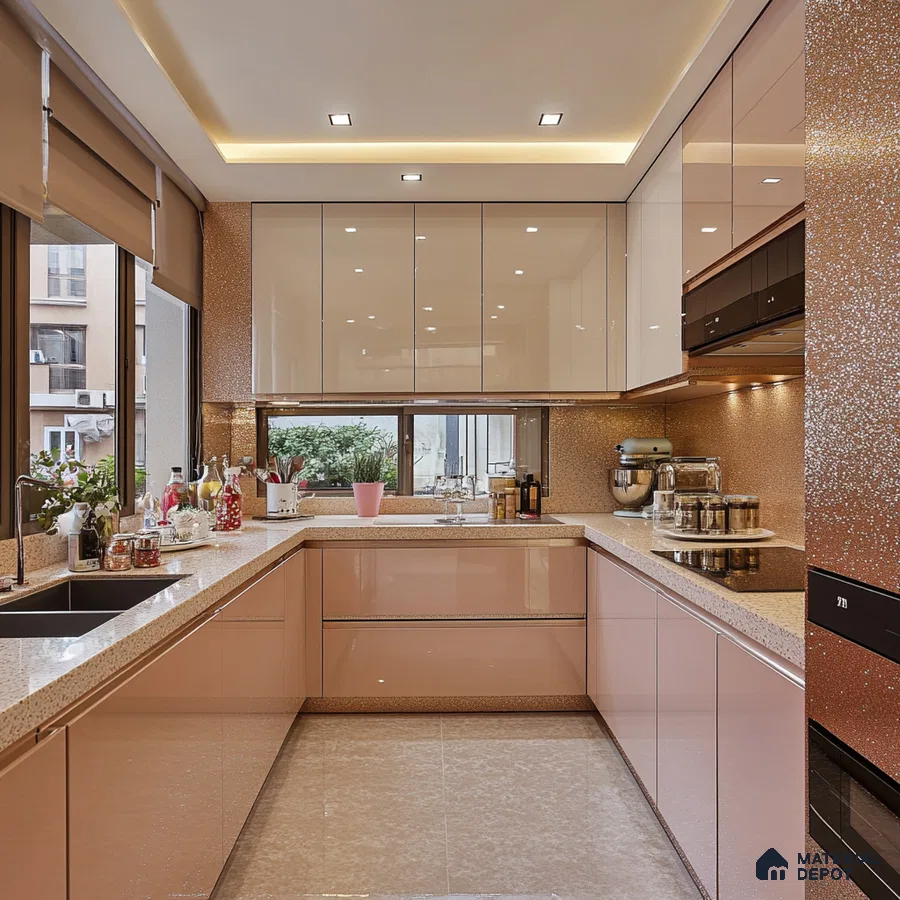 Minimalist and Functional Kitchen in Blush with Sparkle Backsplash and Seamless Cabinets | Material Depot