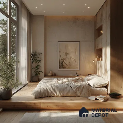 Minimalist and Natural Bedroom Design with Platform Bed and Concrete Wall SNN Raj Viviente Bannerghatta Road | Material Depot