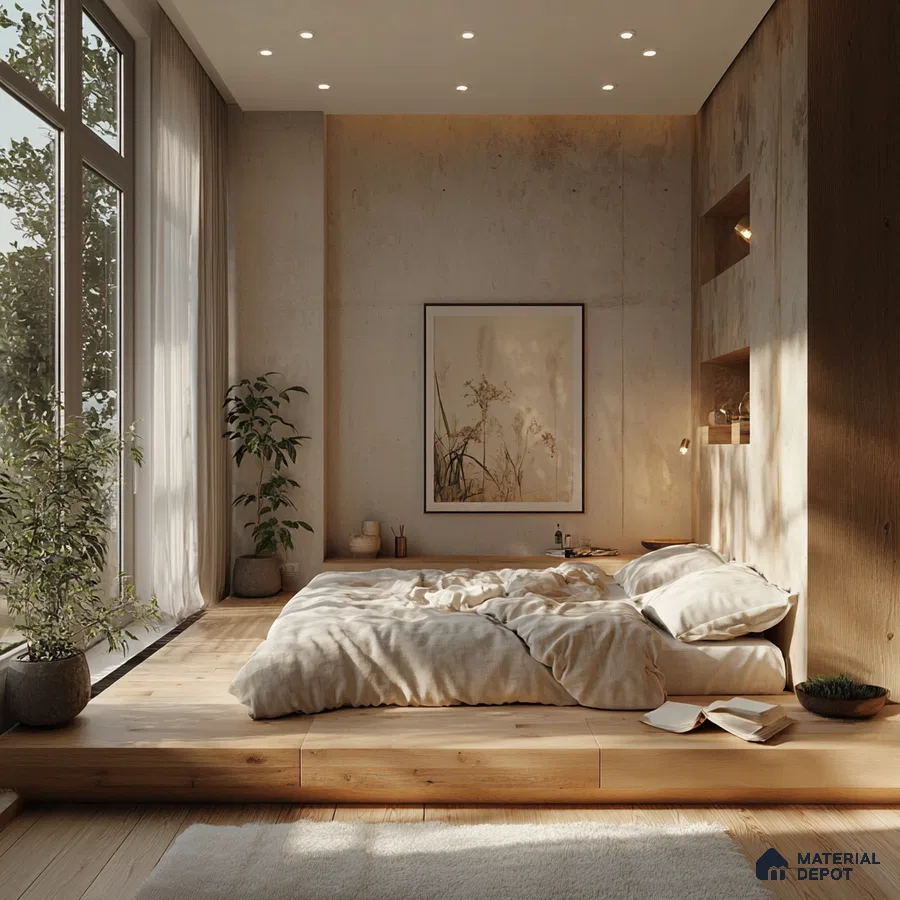 Minimalist and Natural Bedroom Design with Platform Bed and Concrete Wall SNN Raj Viviente Bannerghatta Road | Material Depot