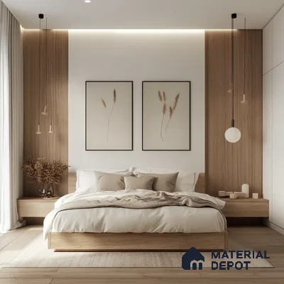 Minimalist and Natural Bedroom Design with Wood Paneling and Warm Accents SNN Raj Viviente Bannerghatta Road | Material Depot