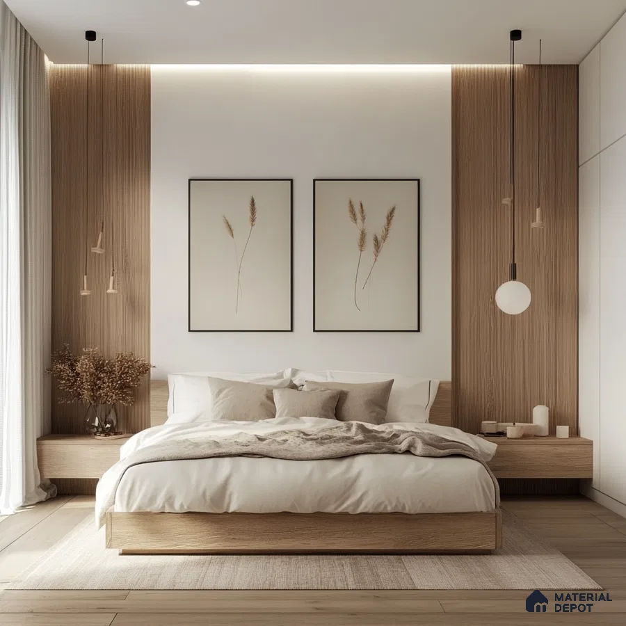 Minimalist and Natural Bedroom Design with Wood Paneling and Warm Accents SNN Raj Viviente Bannerghatta Road | Material Depot