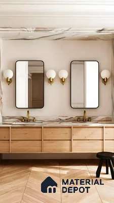 Minimalist Bathroom Design With Herringbone Flooring | Material Depot