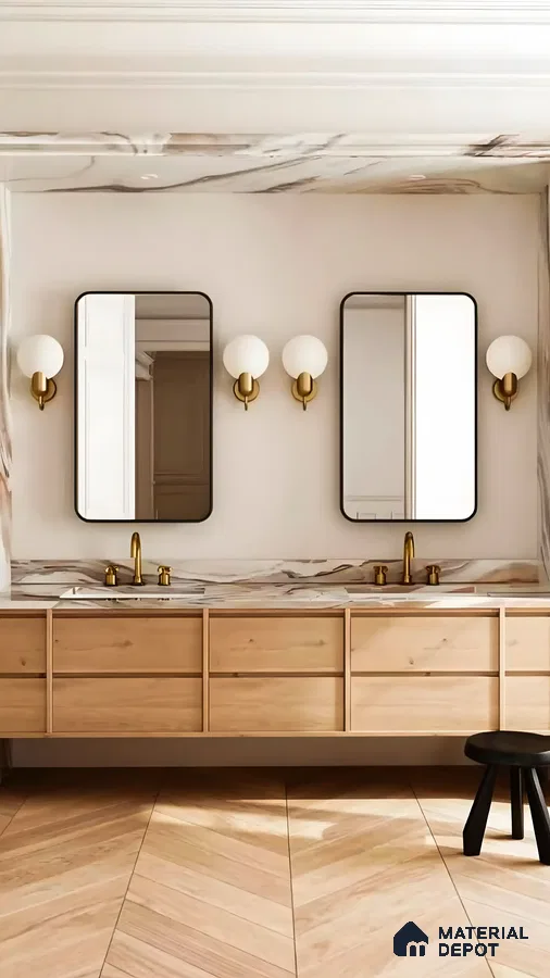 Minimalist Bathroom Design With Herringbone Flooring | Material Depot