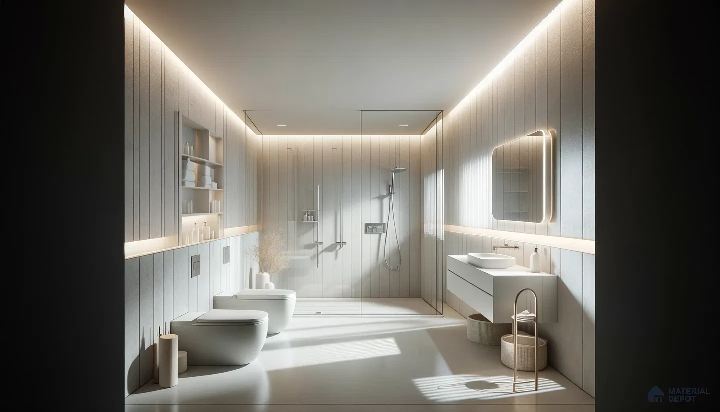 Minimalist Bathroom Oasis with Wood Accents and Soft Lighting | Material Depot