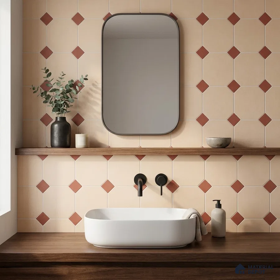Minimalist bathroom with beige and terracotta geometric wall tiles and walnut wood countertop