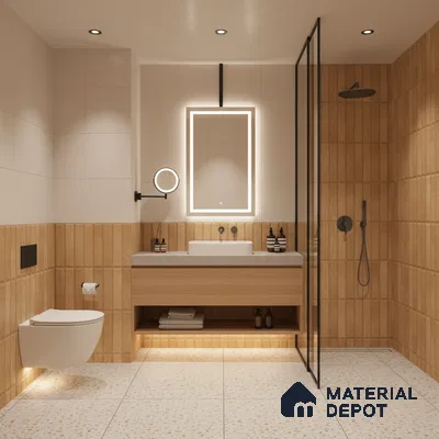 Minimalist bathroom with beige fluted wall tiles, terrazzo floor tiles, and light wood vanity | Material Depot