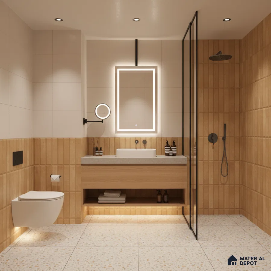Minimalist bathroom with beige fluted wall tiles, terrazzo floor tiles, and light wood vanity | Material Depot