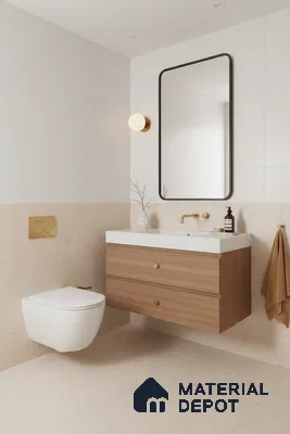 Minimalist bathroom with beige geometric tiles, white wall tiles, and wood vanity with marble countertop in Bengaluru | Material Depot