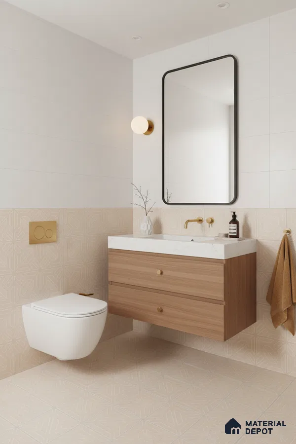 Minimalist bathroom with beige geometric tiles, white wall tiles, and wood vanity with marble countertop in Bengaluru | Material Depot