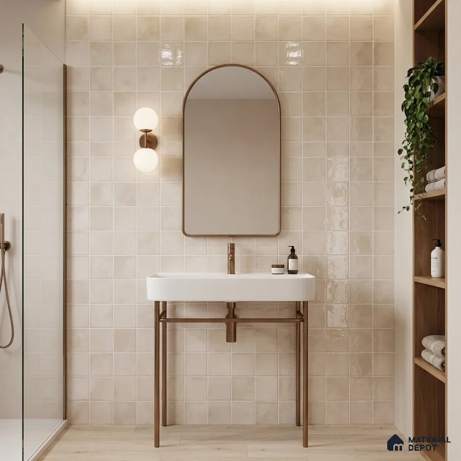 Minimalist bathroom with beige glossy square wall tiles and light wood floor tile