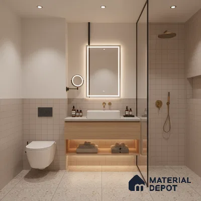 Minimalist bathroom with beige grid wall tiles, terrazzo floor tiles, and light wood floating vanity | Material Depot