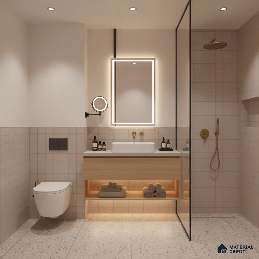 Minimalist bathroom with beige grid wall tiles, terrazzo floor tiles, and light wood floating vanity | Material Depot