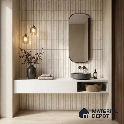 Minimalist bathroom with beige kitkat wall tiles and white quartz floating vanity