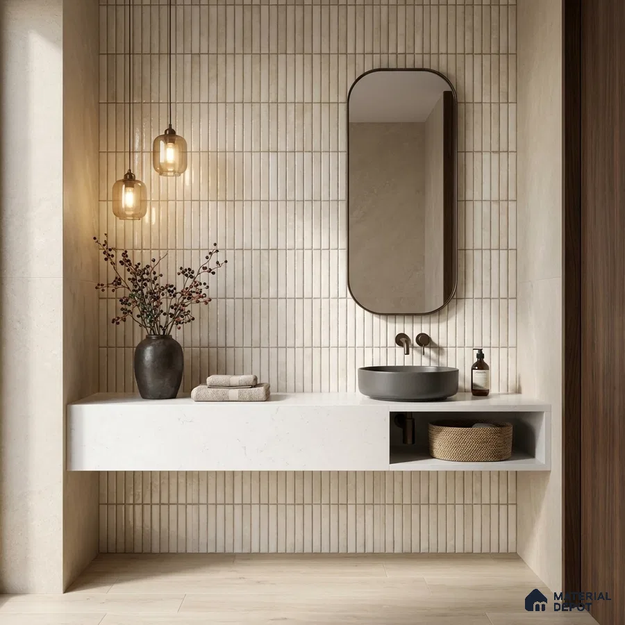 Minimalist bathroom with beige kitkat wall tiles and white quartz floating vanity