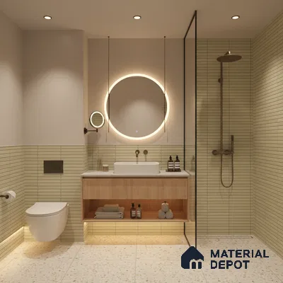 Minimalist bathroom with beige kitkat wall tiles, terrazzo floor tiles, and light wood floating vanity | Material Depot