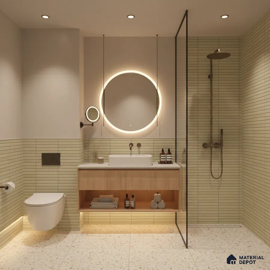 Minimalist bathroom with beige kitkat wall tiles, terrazzo floor tiles, and light wood floating vanity | Material Depot