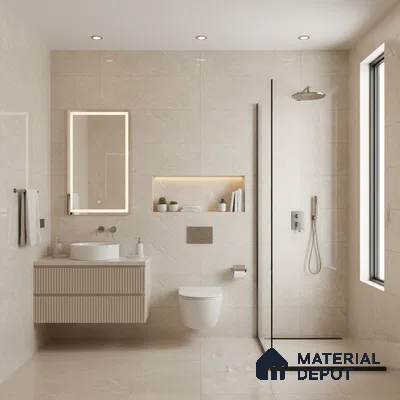 Minimalist bathroom with beige marble-look tiles and fluted vanity | Material Depot