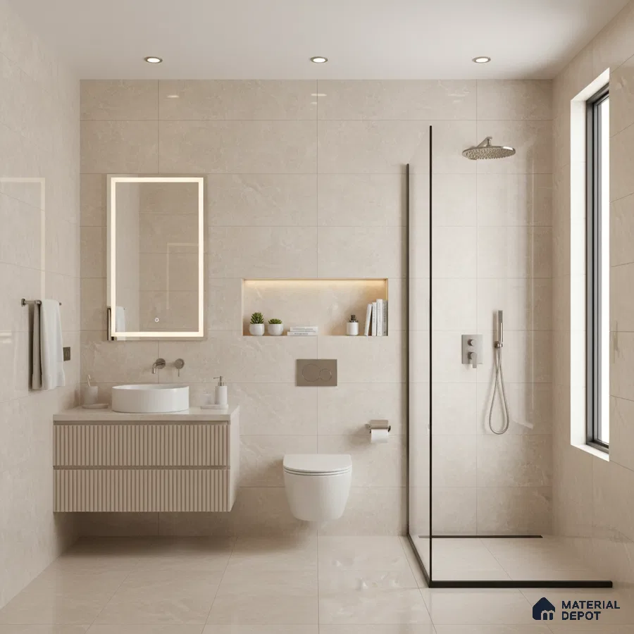 Minimalist bathroom with beige marble-look tiles and fluted vanity | Material Depot