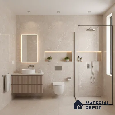 Minimalist bathroom with beige marble-look tiles and fluted wood vanity | Material Depot