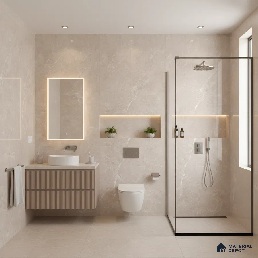 Minimalist bathroom with beige marble-look tiles and fluted wood vanity | Material Depot