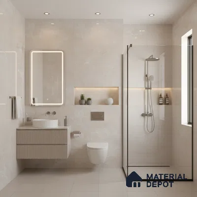 Minimalist bathroom with beige marble-look wall tiles, fluted vanity, and glass shower partition | Material Depot