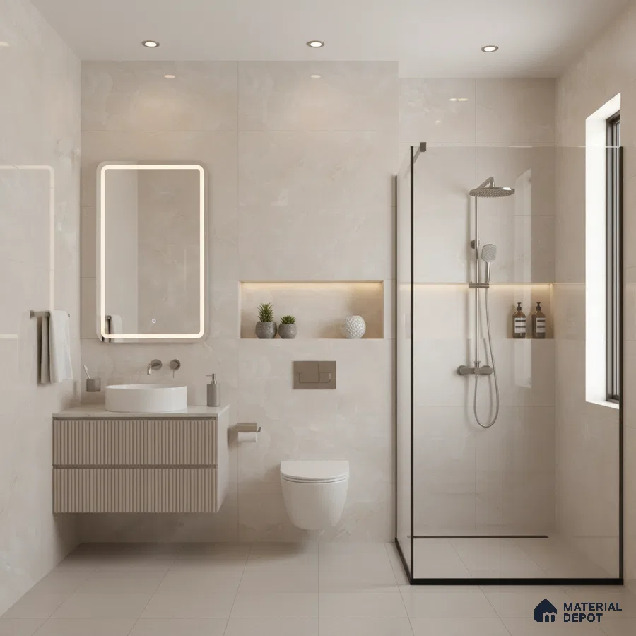 Minimalist bathroom with beige marble-look wall tiles, fluted vanity, and glass shower partition | Material Depot