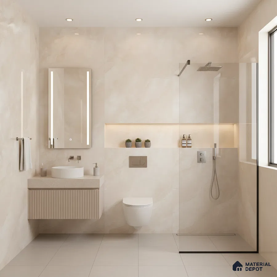 Minimalist bathroom with beige marble-look wall tiles, fluted vanity, and matte beige floor tiles | Material Depot
