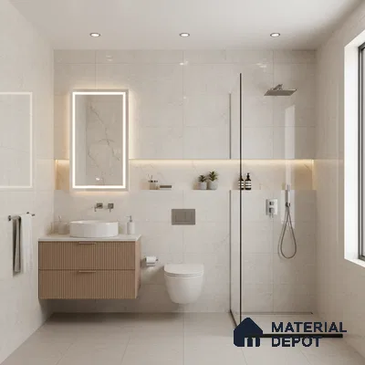 Minimalist bathroom with beige marble-look wall tiles, fluted wood vanity, and glass shower partition | Material Depot
